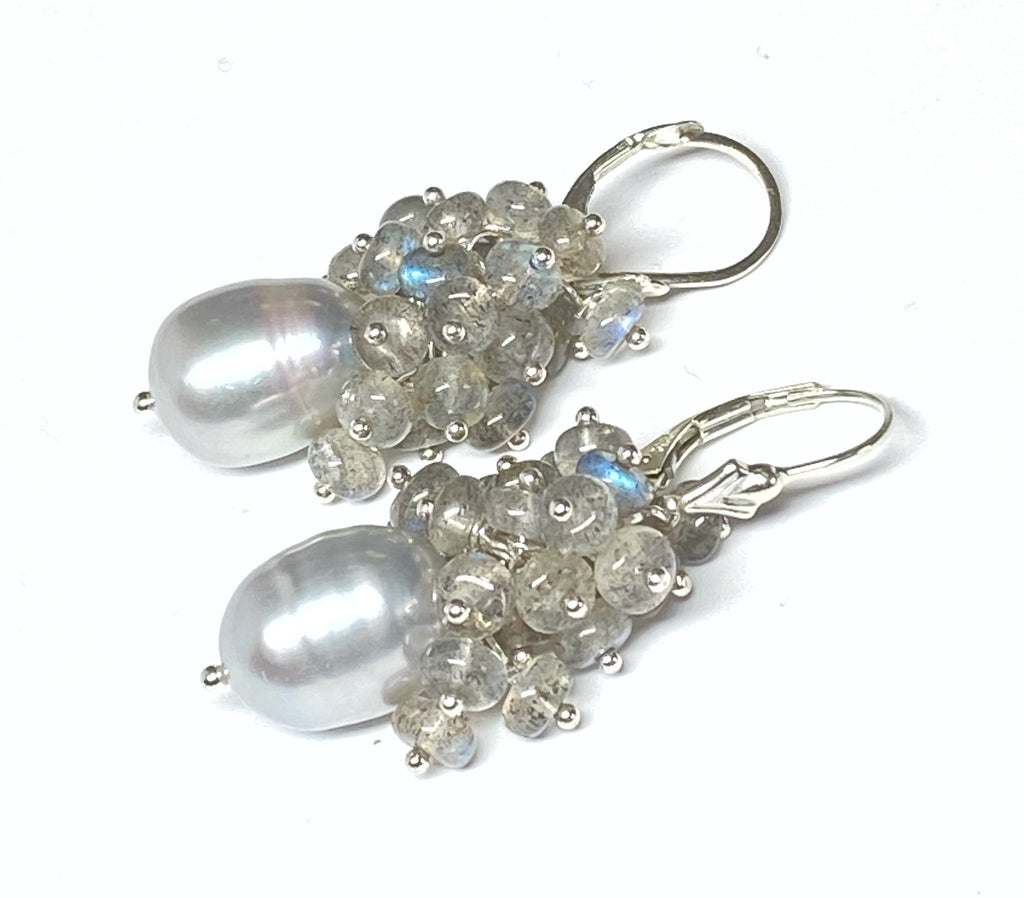 Silver Grey Pearl Earrings Sterling Silver with AAA Labradorite Gemstone Clusters