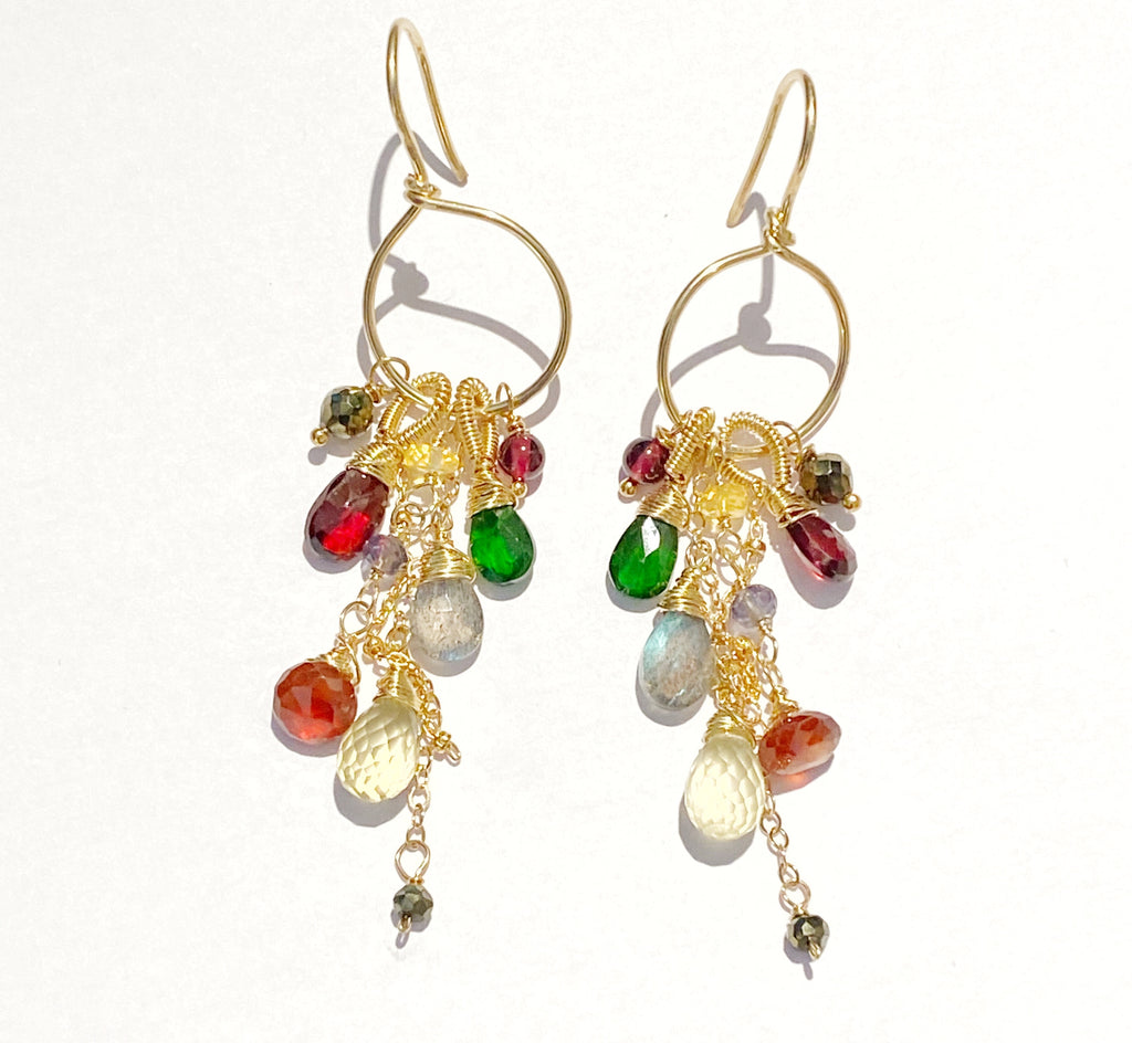 Garnet Colorful Gemstone Gold Hoop Dangle Earrings