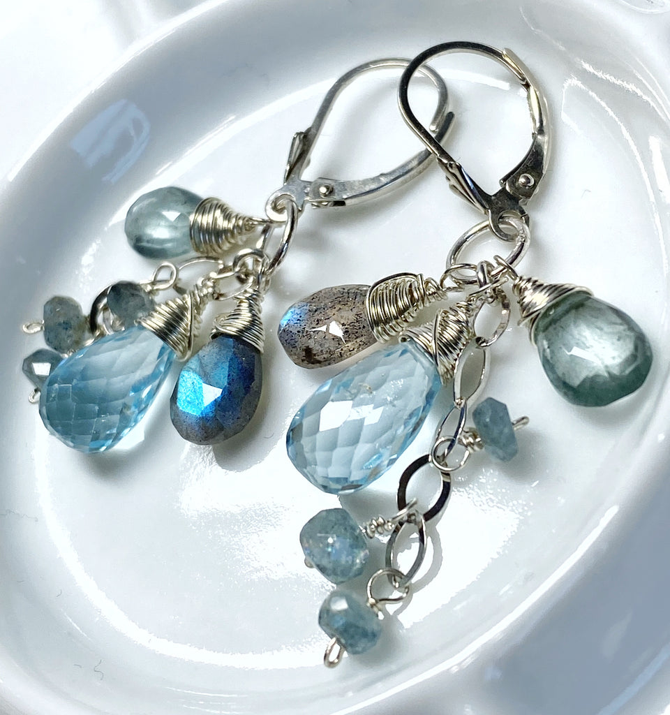 Moss Aquamarine, Blue Topaz, Labradorite Dangle Earrings Sterling Silver