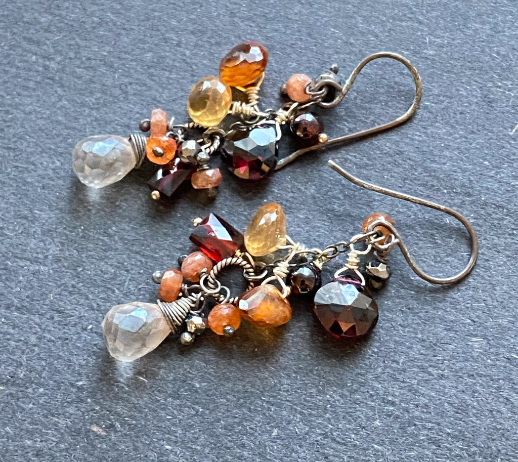 Multicolor Garnet Dangle Earrings Oxidized Silver