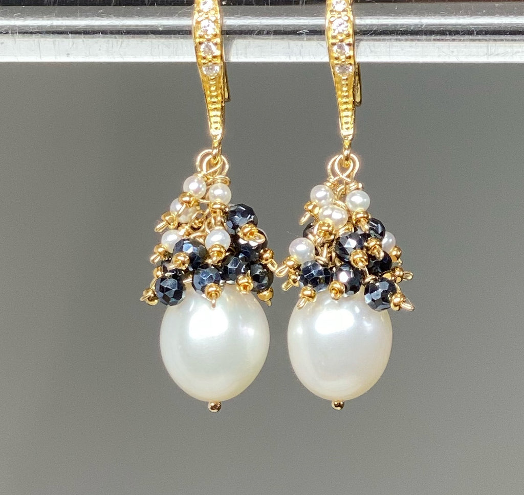 gift for wife, white pearl earrings with black and white gem and pearl clusters in gold