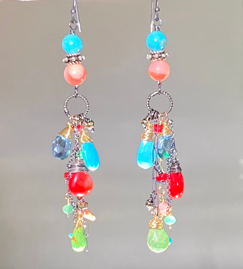 Turquoise Long Boho Earrings Mixed Metal Red Coral Green Turquoise - doolittlejewelry
