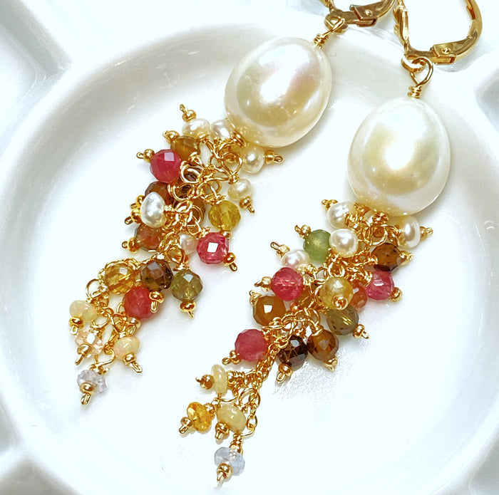 Pearl and Tourmaline Tassel Dangle Earrings