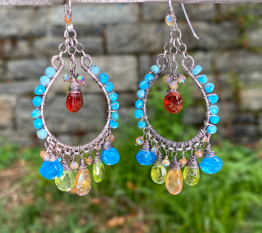 Multi-color Gemstone Oxidized Silver Boho Hoop Earrings Turquoise Peridot Mystic Hessonite