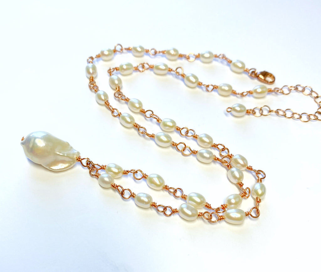 Dainty Baroque Pearl Necklace Wire Wrapped Rosary Style Rose Gold Fill