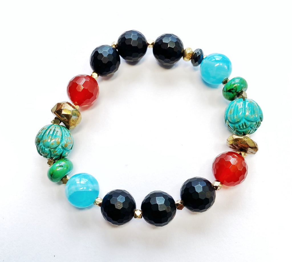 Gemstone Strech Bracelets Set of 2: Carnelian, Turquoise, Onyx