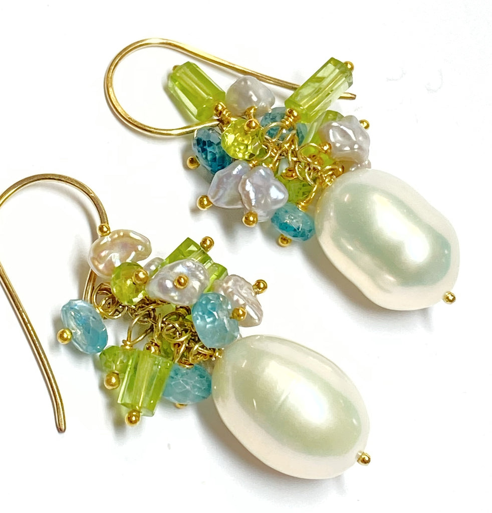 pearl cluster earrings with natural blue zircon and peridot and keishi pearls