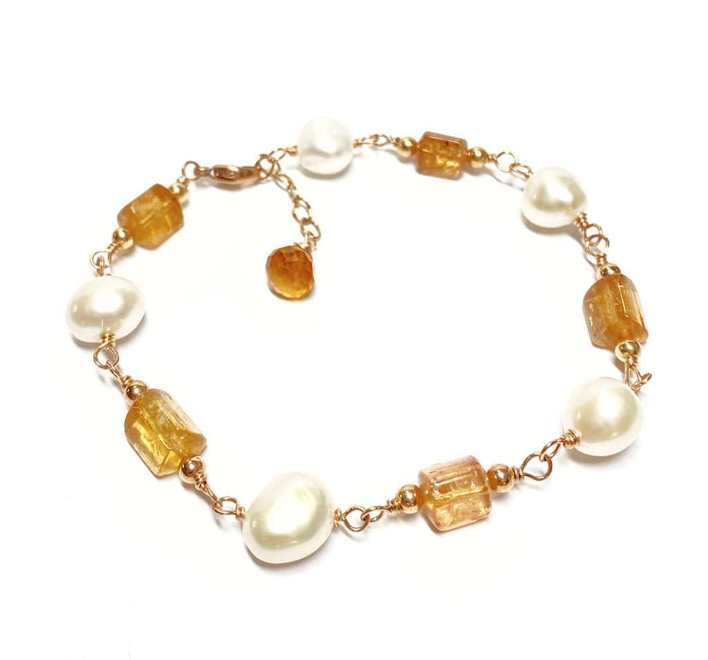 Imperial Topaz, Pearl and Rose Gold Wire Wrapped Bracelet