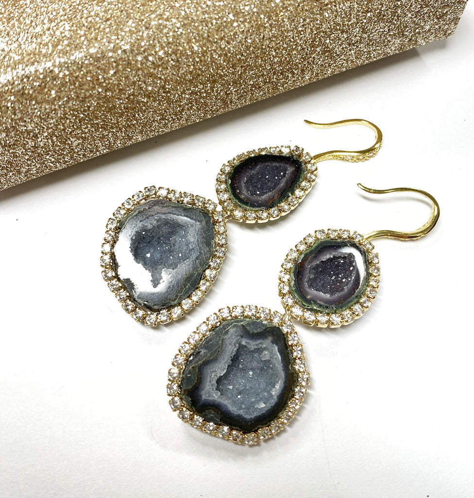 Silvery Gray Tabasco Geode Double Dangle Earrings Diamond Look