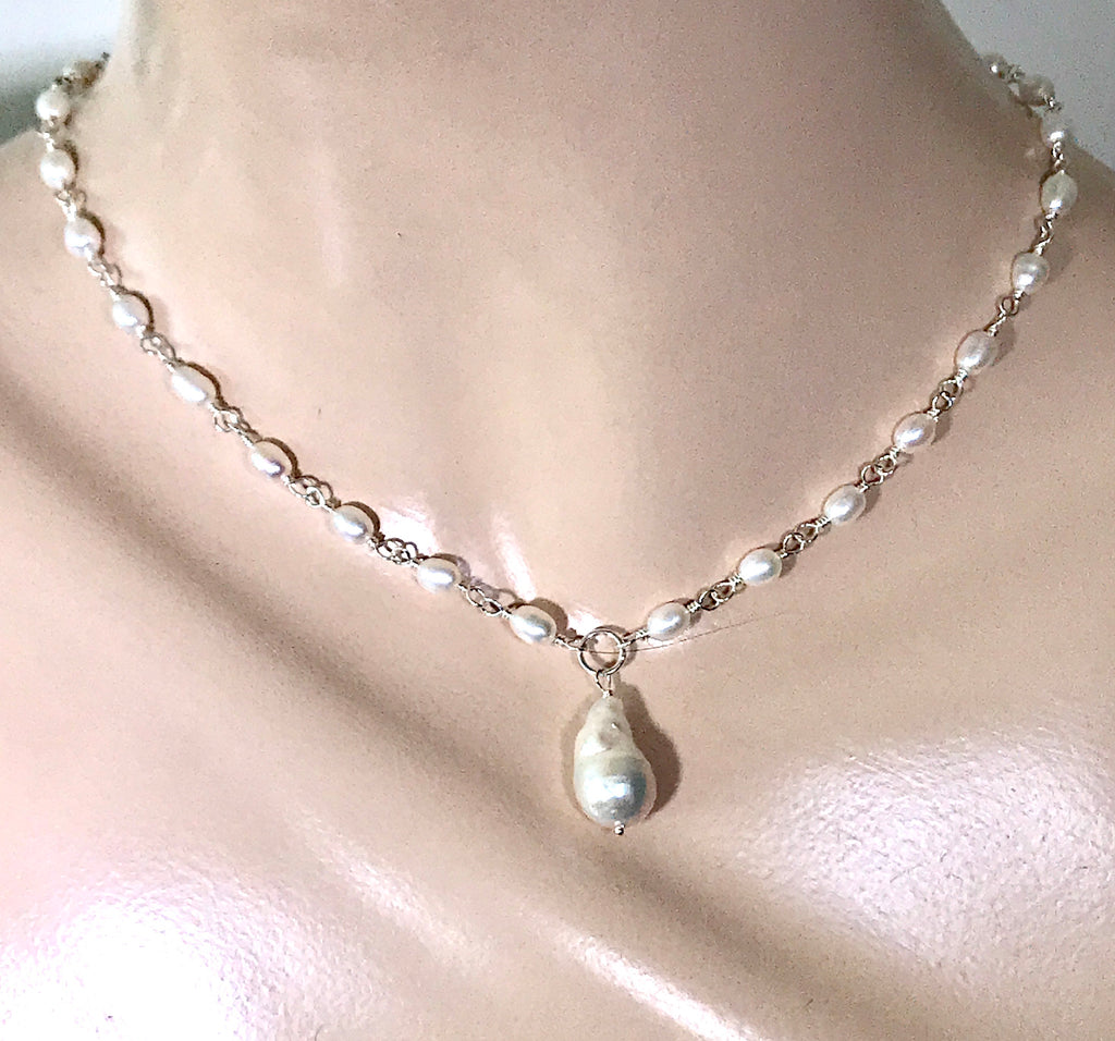 Dainty Baroque Pearl Necklace Wire Wrapped Rosary Style in Sterling Silver - doolittlejewelry