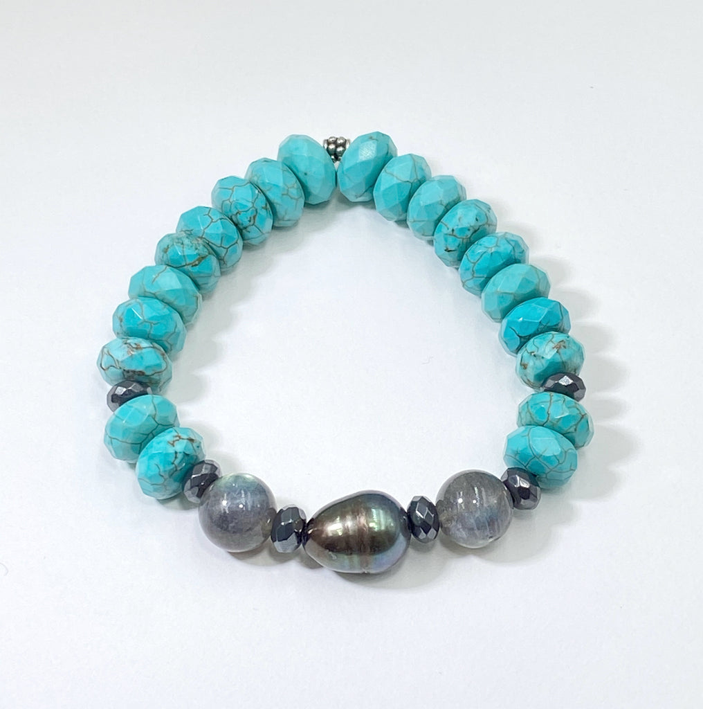 Stretch Bracelet Set of 2 Turquoise Labradorite Pearl Sterling Silver - doolittlejewelry