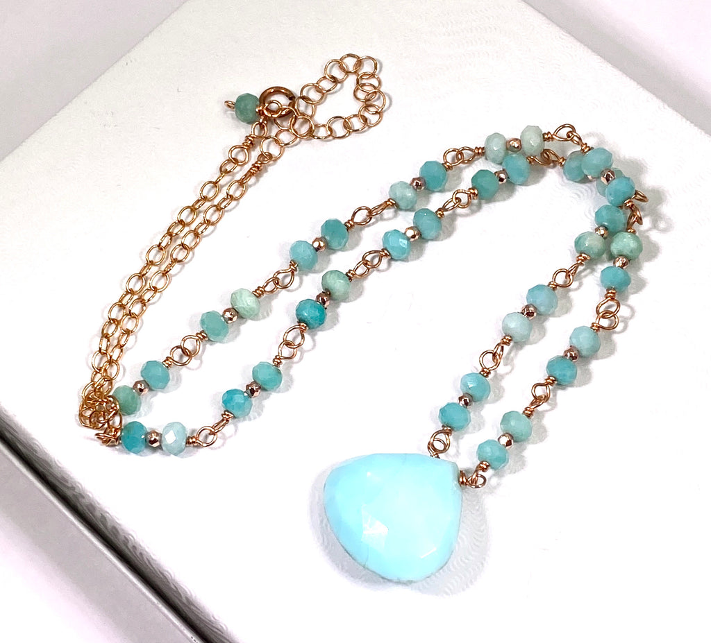 Blue Peruvian Opal, Amazonite, Rose Gold Wire Wrapped Pendant Necklace - doolittlejewelry