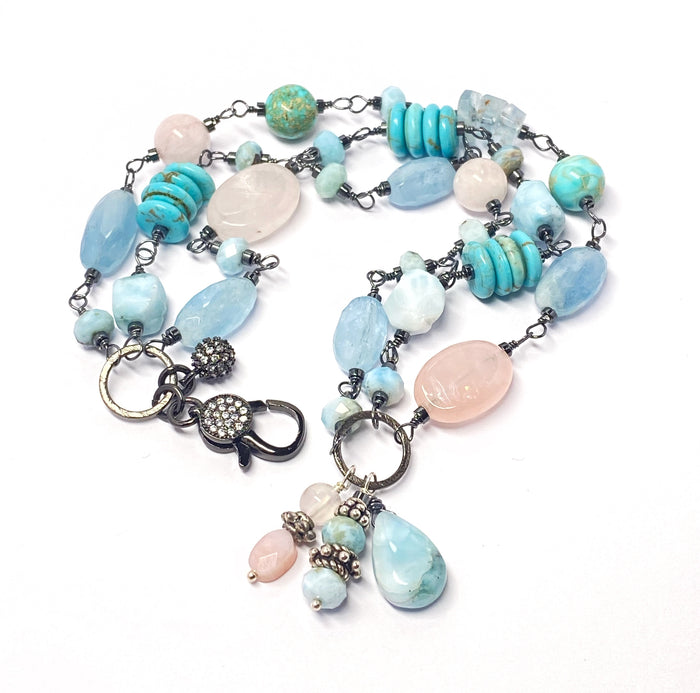 Oxidized Silver Wire Wrap Multistrand Bracelet Larimar Aquamarine - Doolittle