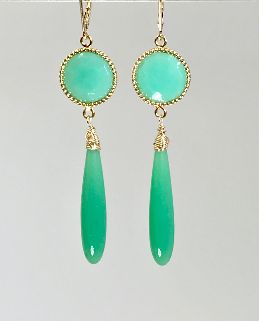 Long Green Drop Earrings Chrysoprase Chalcedony Connectors - doolittlejewelry