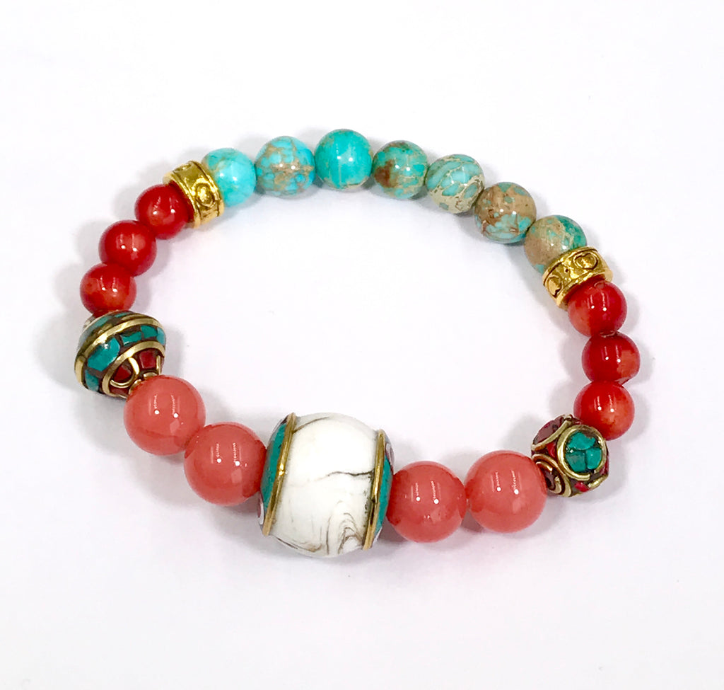 Colorful Beaded Stretch Bracelets Stack Set of 3 Tibetan Beads - doolittlejewelry