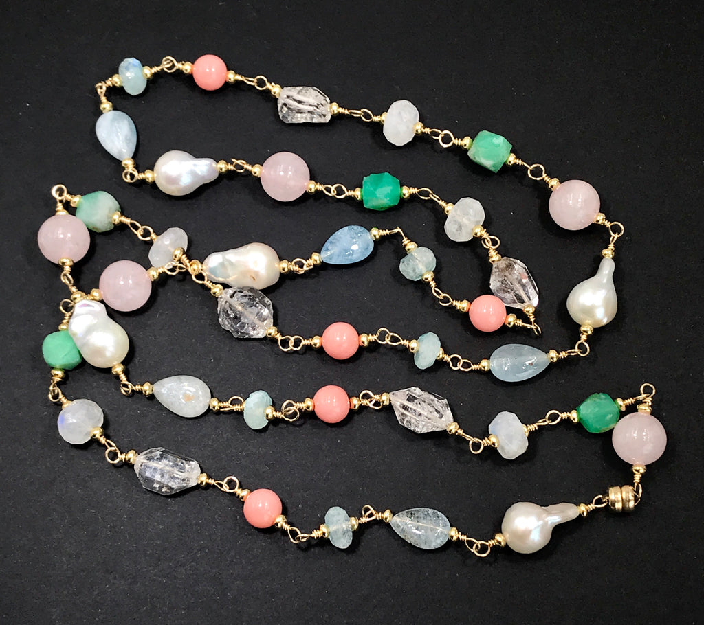 Multi Gemstone Pastel Long Necklace with Herkimer Diamond Aquamarine Gold - doolittlejewelry