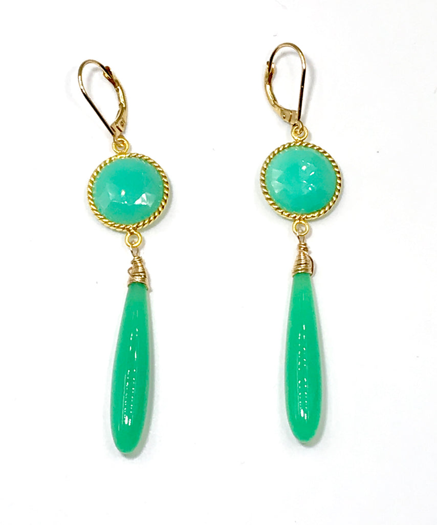 Long Green Drop Earrings Chrysoprase Chalcedony Connectors - doolittlejewelry