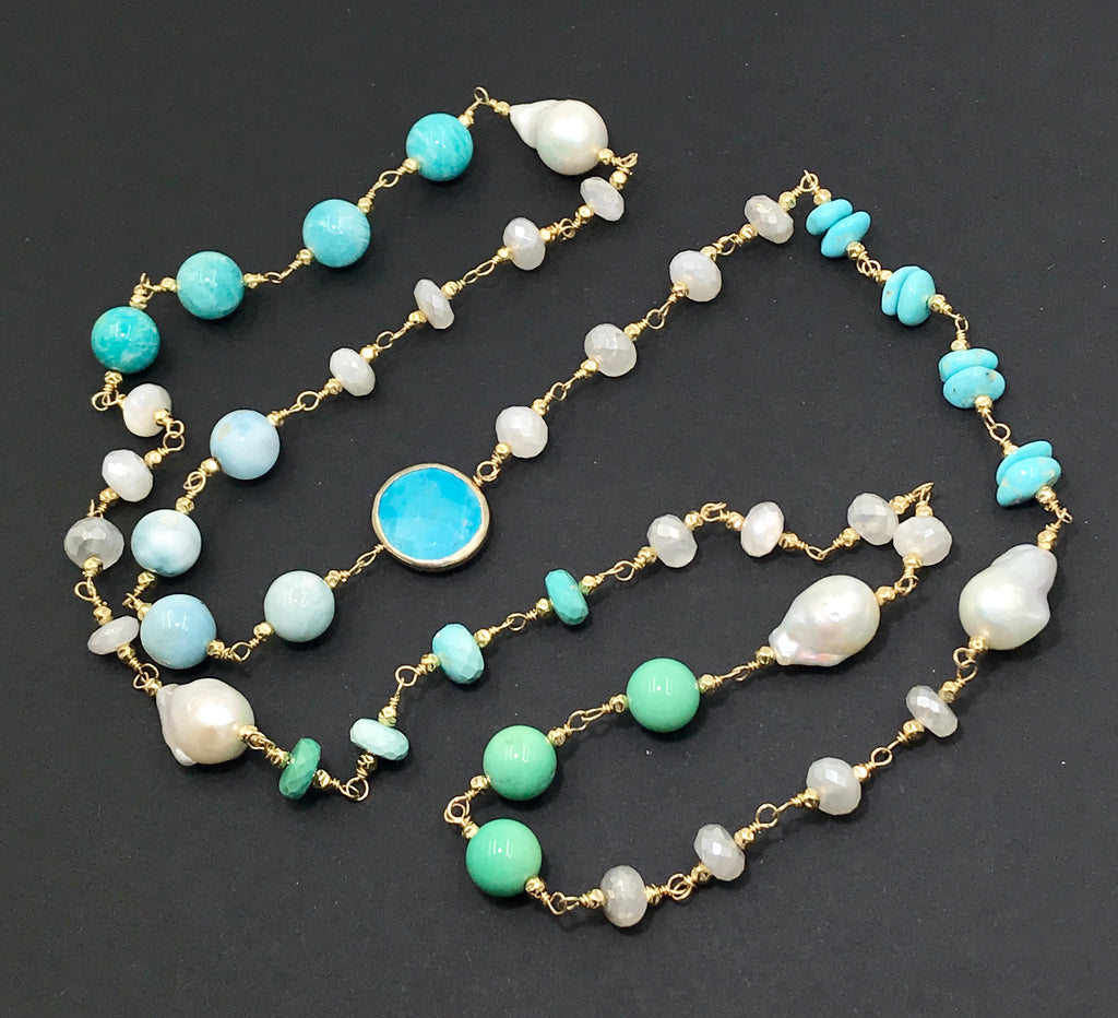 Long Multi Gemstone Pearl Necklace Larimar Sleeping Beauty Turquoise Gold Fill - doolittlejewelry