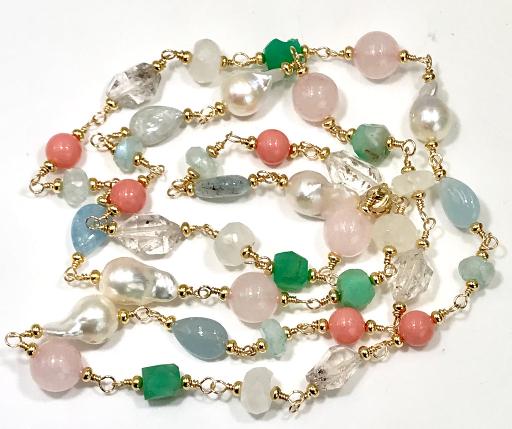 Multi Gemstone Pastel Long Necklace with Herkimer Diamond Aquamarine Gold - doolittlejewelry