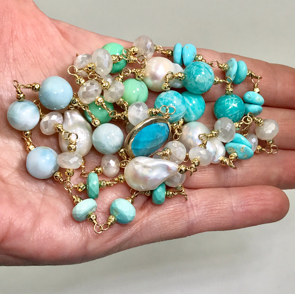 Long Multi Gemstone Pearl Necklace Larimar Sleeping Beauty Turquoise Gold Fill - doolittlejewelry