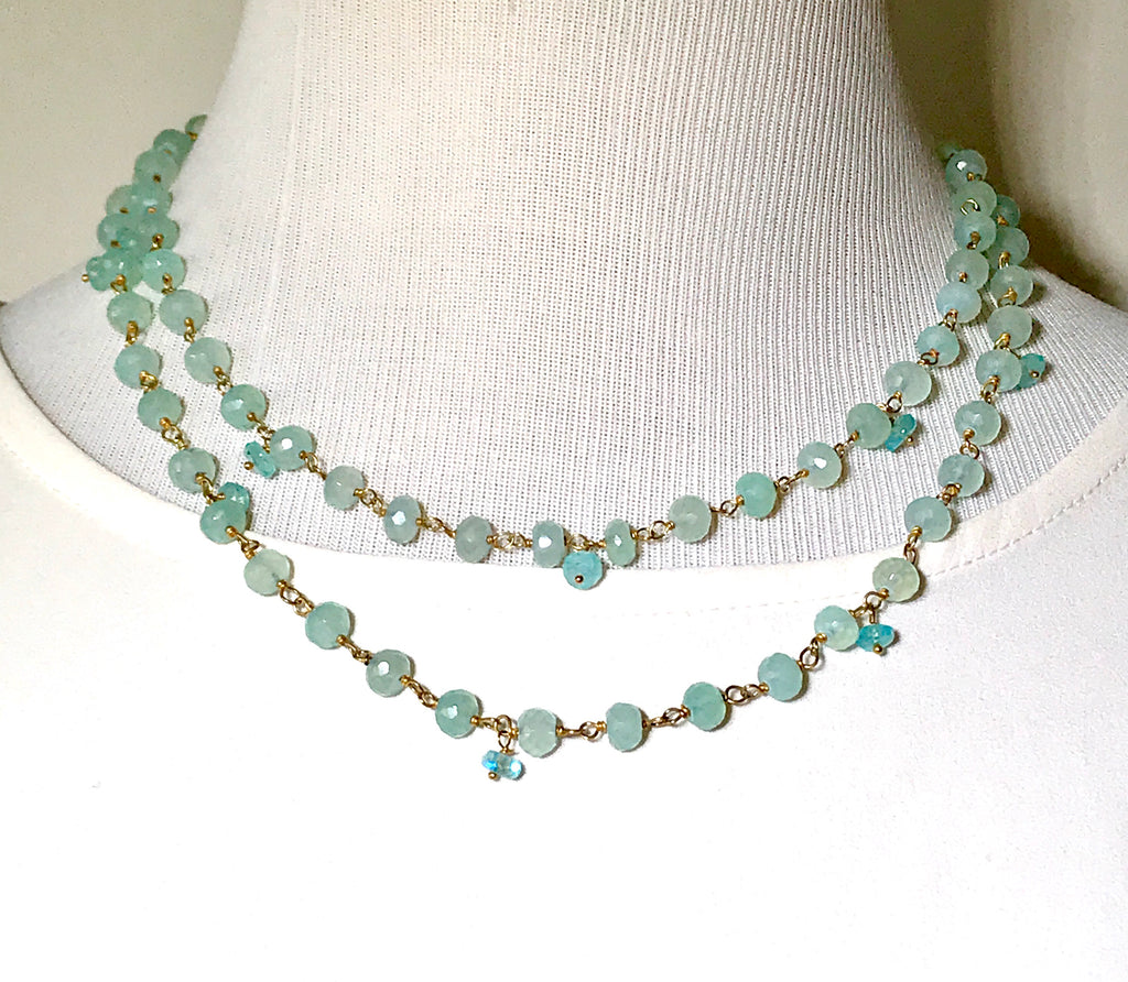 Aqua Chalcedony Long Necklace Gold Layering Rosary Style - doolittlejewelry