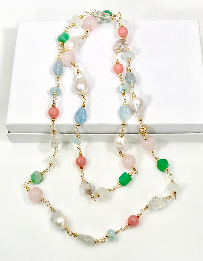 Multi Gemstone Pastel Long Necklace with Herkimer Diamond Aquamarine Gold - doolittlejewelry