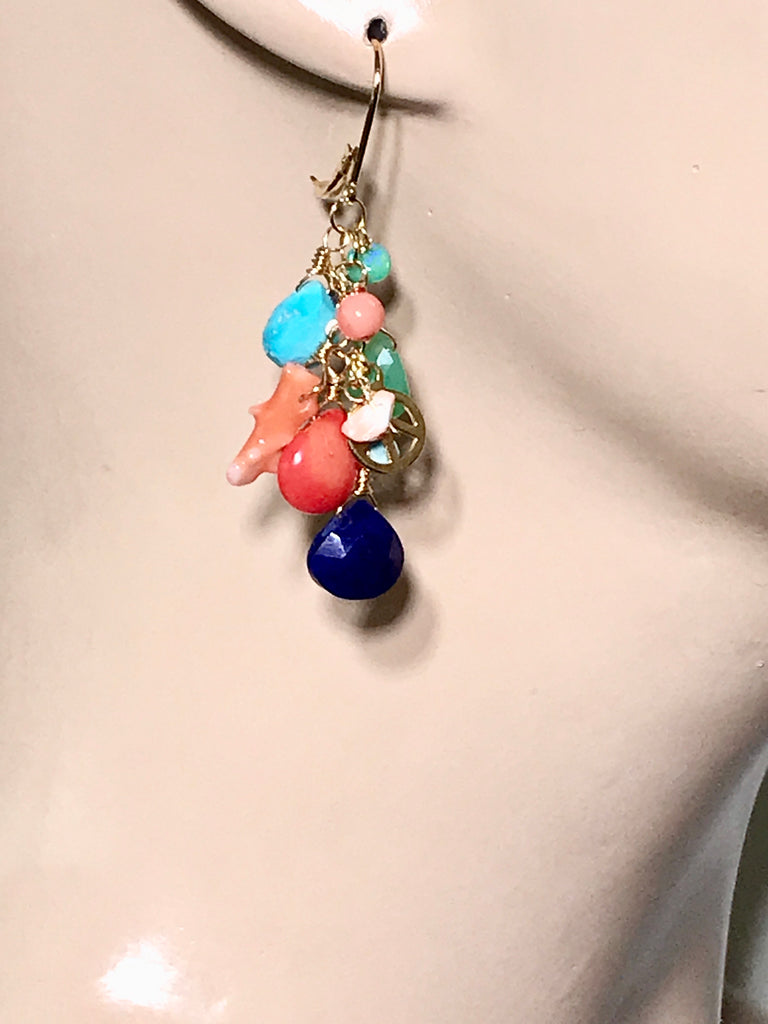 Multi Gemstone Gold Dangle Earrings Coral Blue Lapis Turquoise - doolittlejewelry