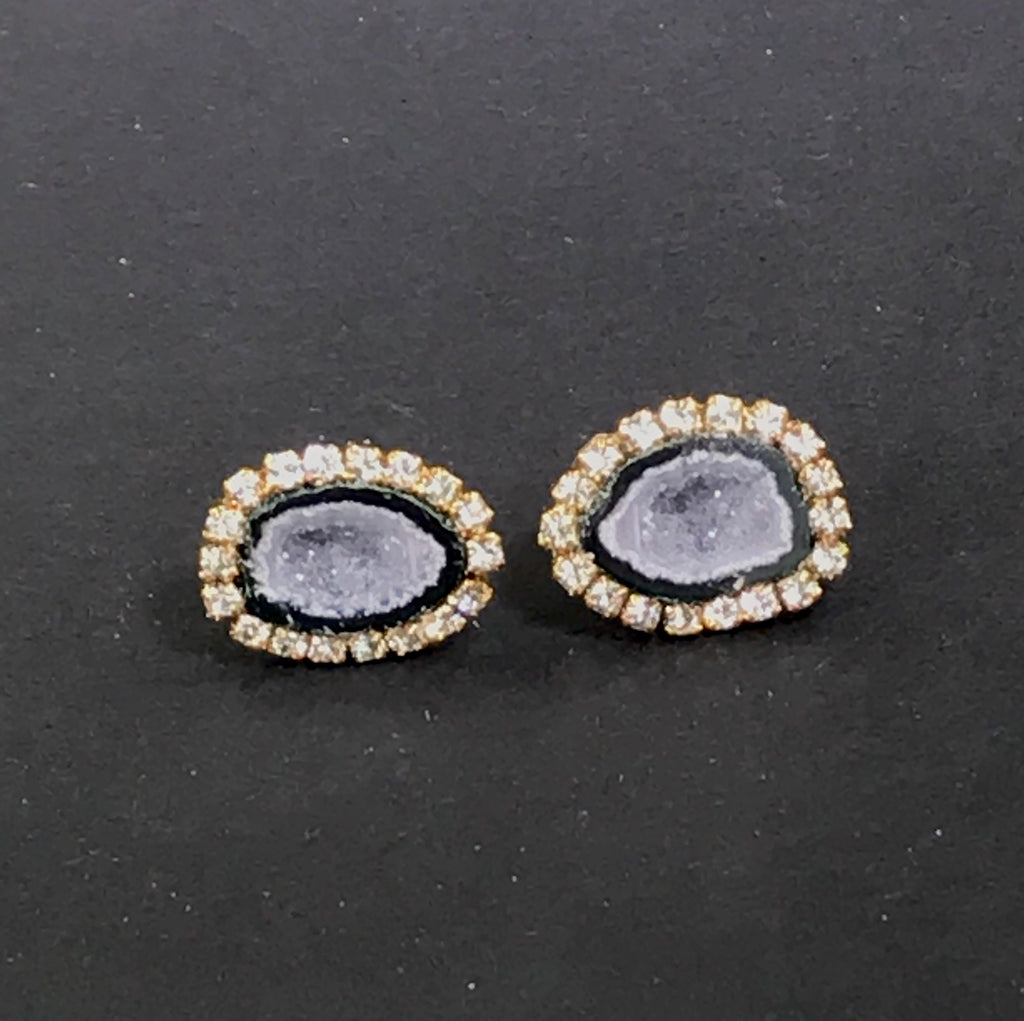 Tabasco Geode Stud Earrings Black & Lavender Grey Druzy Crystals - doolittlejewelry