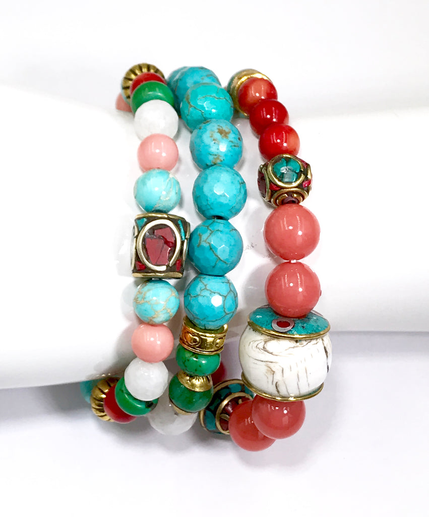 Colorful Beaded Stretch Bracelets Stack Set of 3 Tibetan Beads - doolittlejewelry