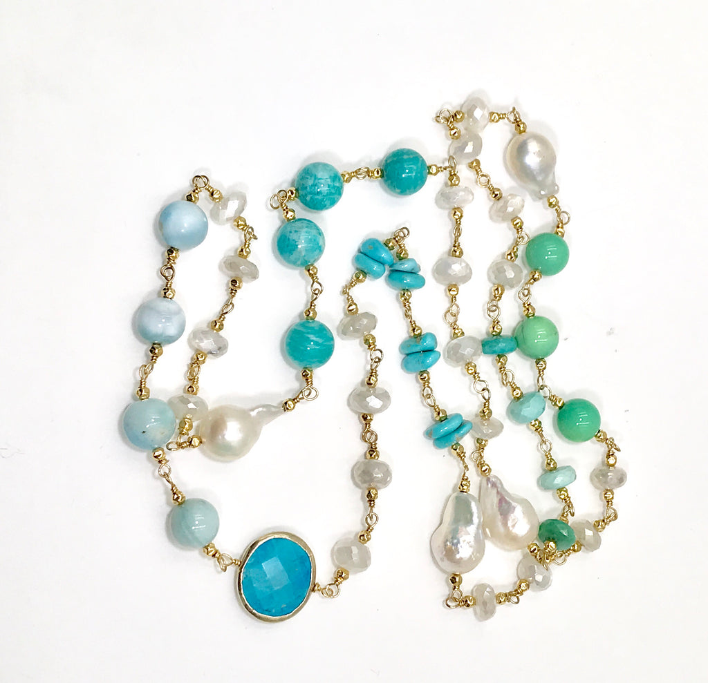 Long Multi Gemstone Pearl Necklace Larimar Sleeping Beauty Turquoise Gold Fill - doolittlejewelry