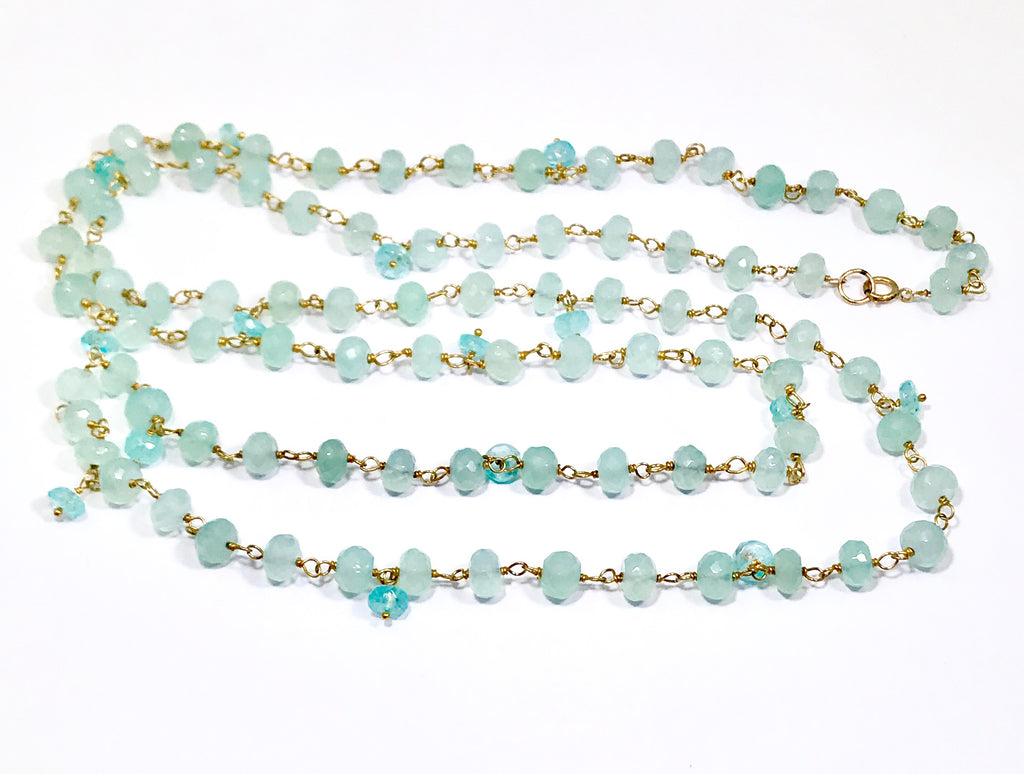 Aqua Chalcedony Long Necklace Gold Layering Rosary Style - doolittlejewelry