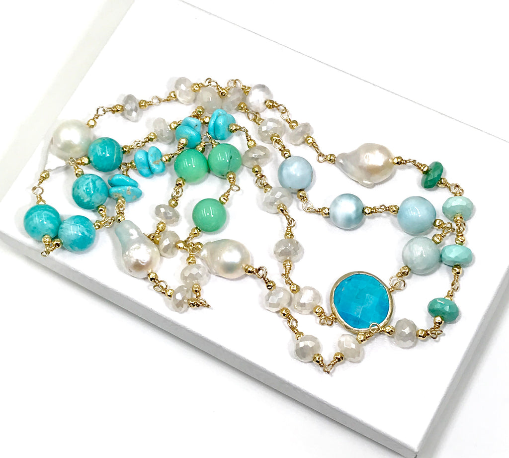 Long Multi Gemstone Pearl Necklace Larimar Sleeping Beauty Turquoise Gold Fill - doolittlejewelry