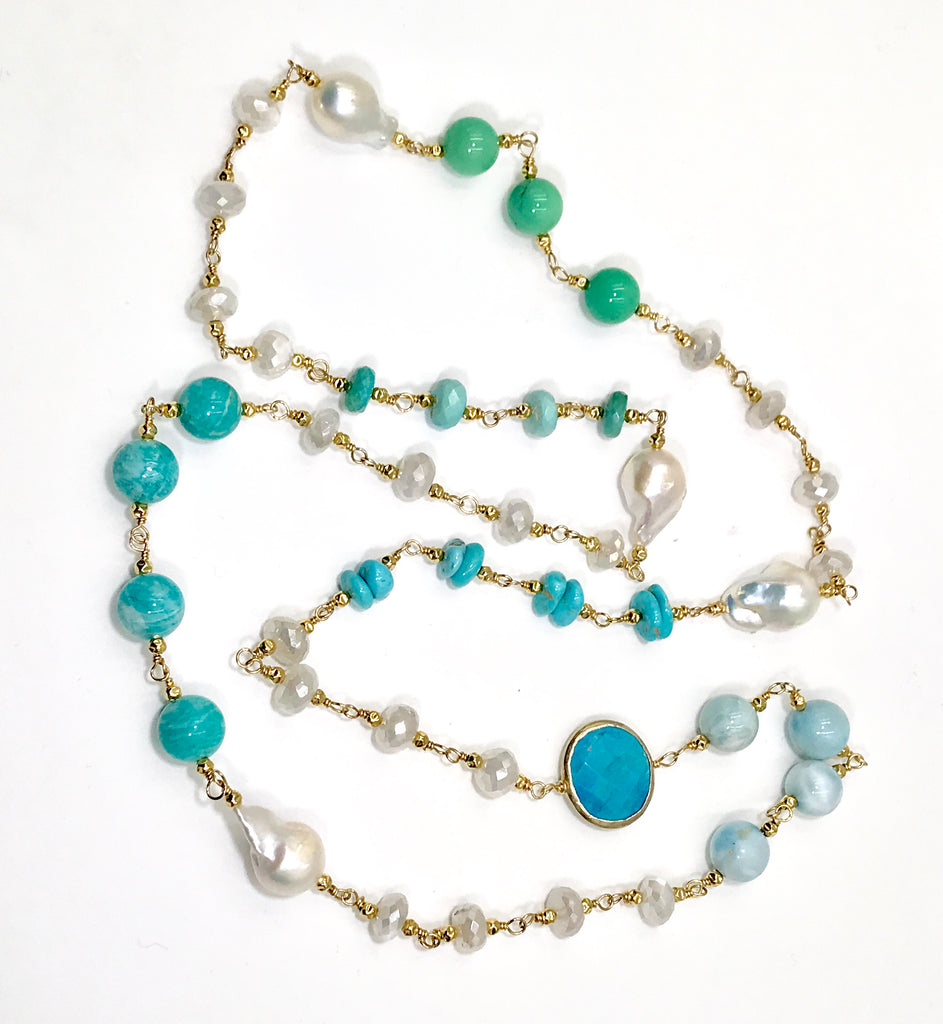 Long Multi Gemstone Pearl Necklace Larimar Sleeping Beauty Turquoise Gold Fill - doolittlejewelry