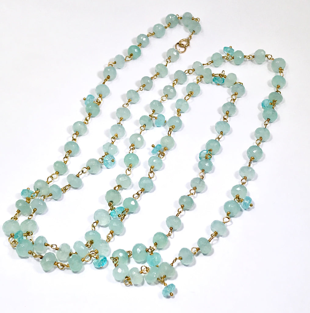 Aqua Chalcedony Long Necklace Gold Layering Rosary Style - doolittlejewelry