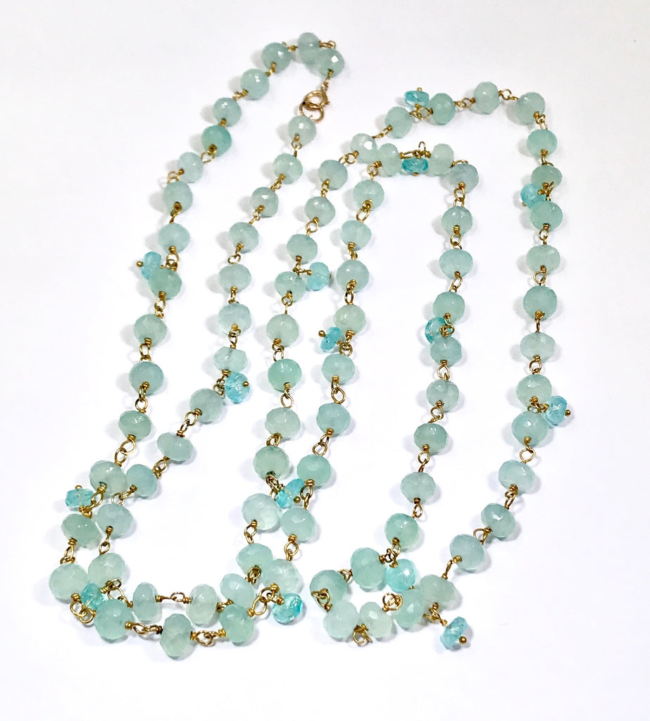 Aqua Chalcedony Long Necklace Gold Layering Rosary Style - doolittlejewelry
