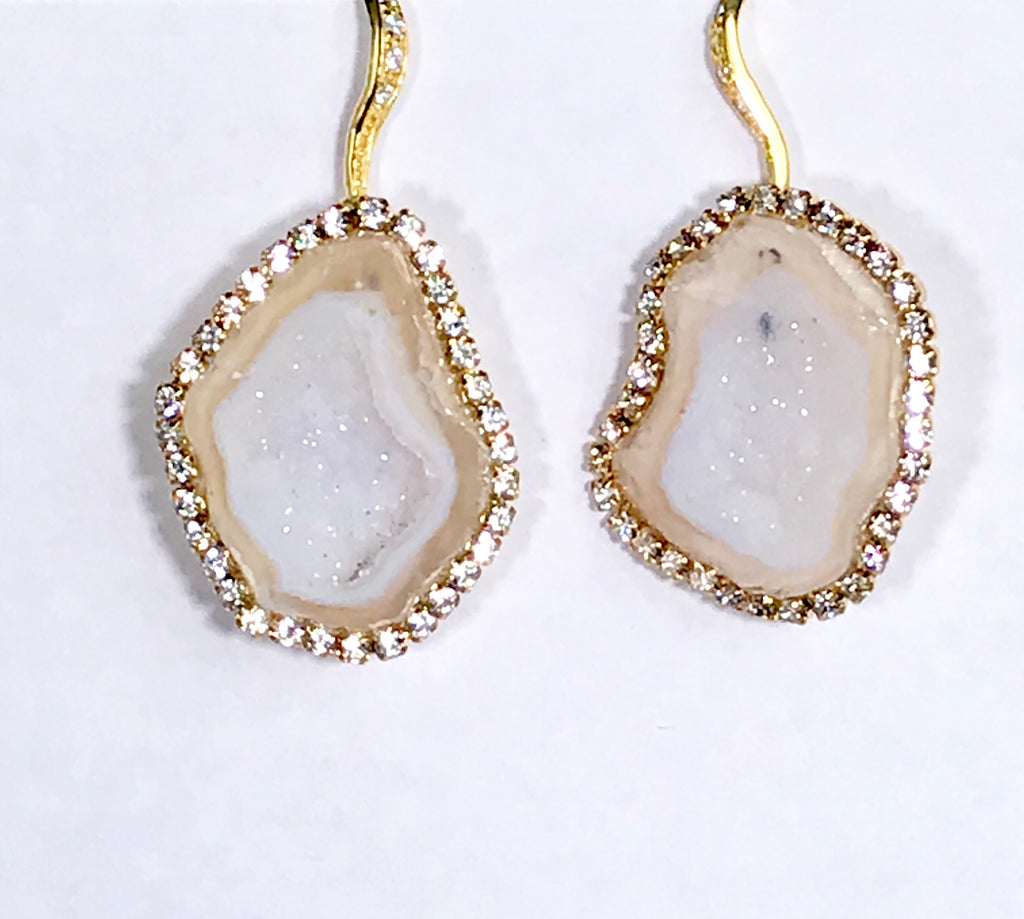 White Ivory Beige Tabasco Geode Wedding Earrings Diamond Style - doolittlejewelry