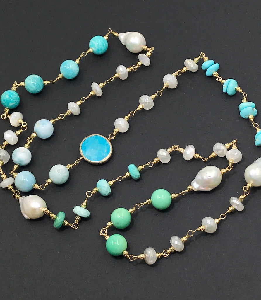 Long Multi Gemstone Pearl Necklace Larimar Sleeping Beauty Turquoise Gold Fill - doolittlejewelry