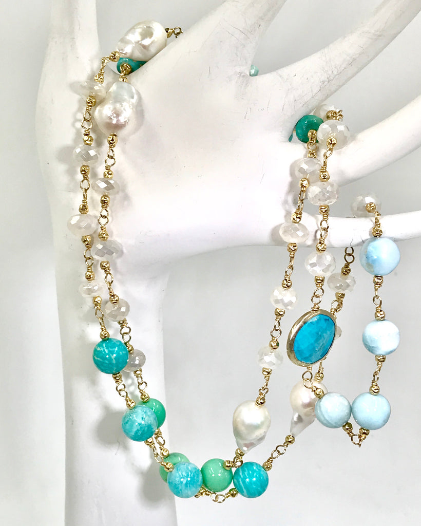 Long Multi Gemstone Pearl Necklace Larimar Sleeping Beauty Turquoise Gold Fill - doolittlejewelry