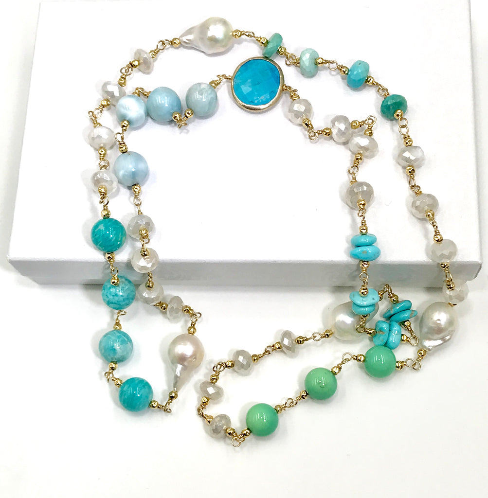 Long Multi Gemstone Pearl Necklace Larimar Sleeping Beauty Turquoise Gold Fill - doolittlejewelry