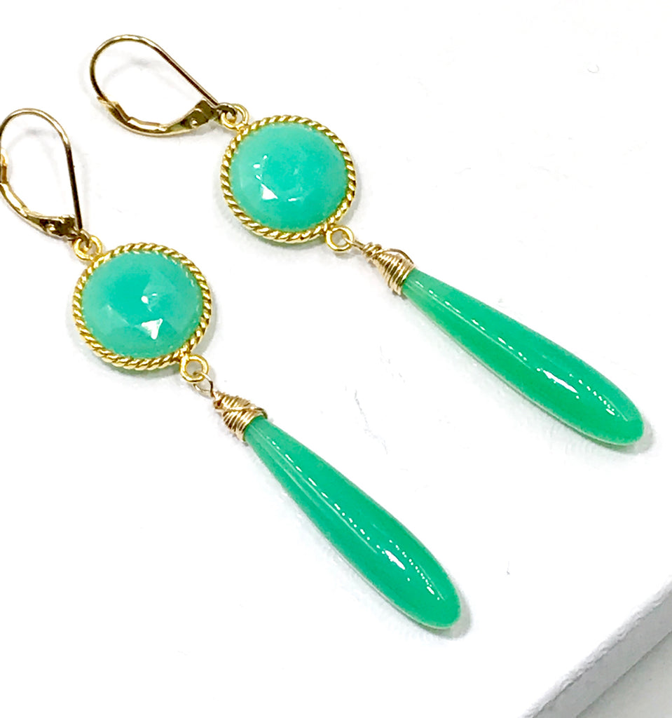 Long Green Drop Earrings Chrysoprase Chalcedony Connectors - doolittlejewelry