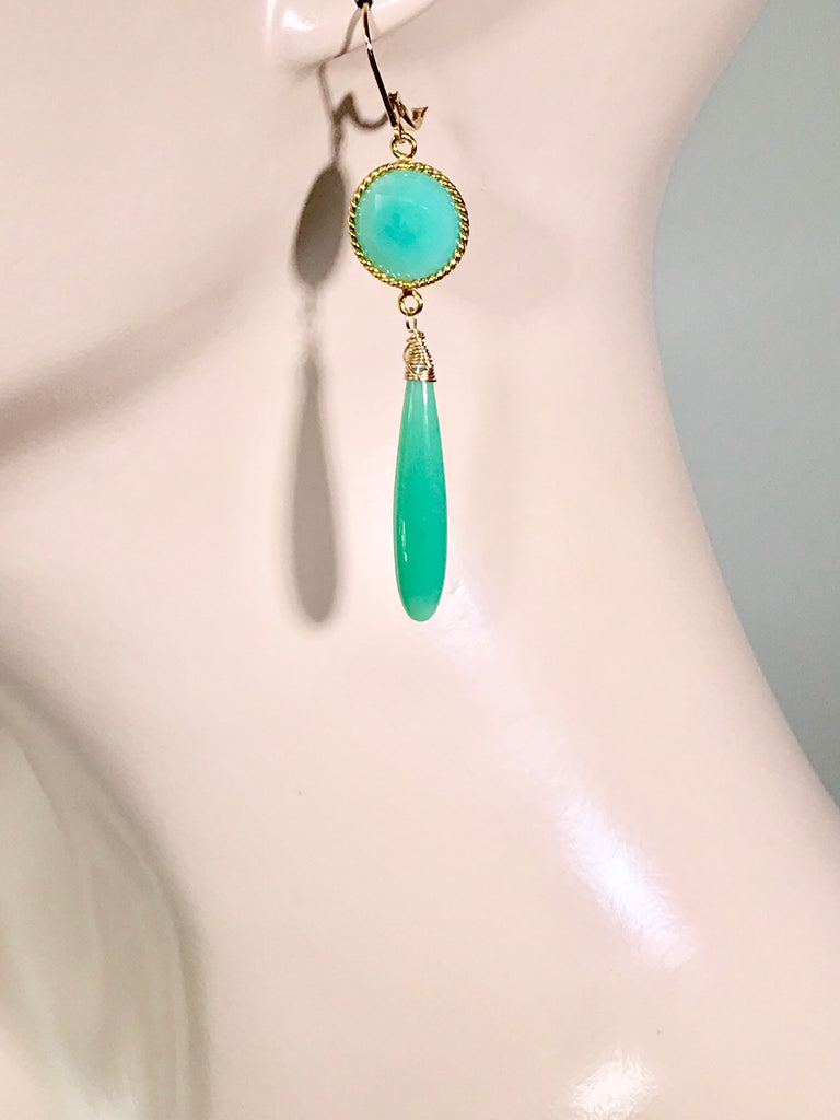 Long Green Drop Earrings Chrysoprase Chalcedony Connectors - doolittlejewelry