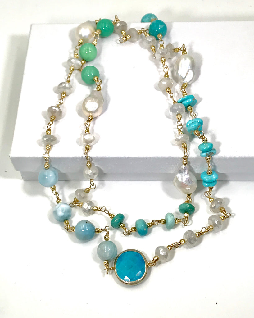 Turquoise Necklace with Crystal Charms - Summer Jewelry for Her