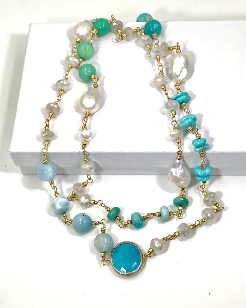 Long Multi Gemstone Pearl Necklace Larimar Sleeping Beauty Turquoise Gold Fill - doolittlejewelry