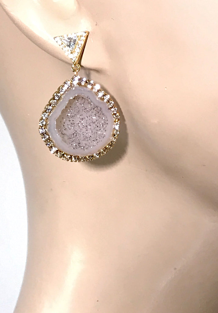 Ivory Tabasco Geode Earrings Diamond Look Swarovski Crystal - doolittlejewelry
