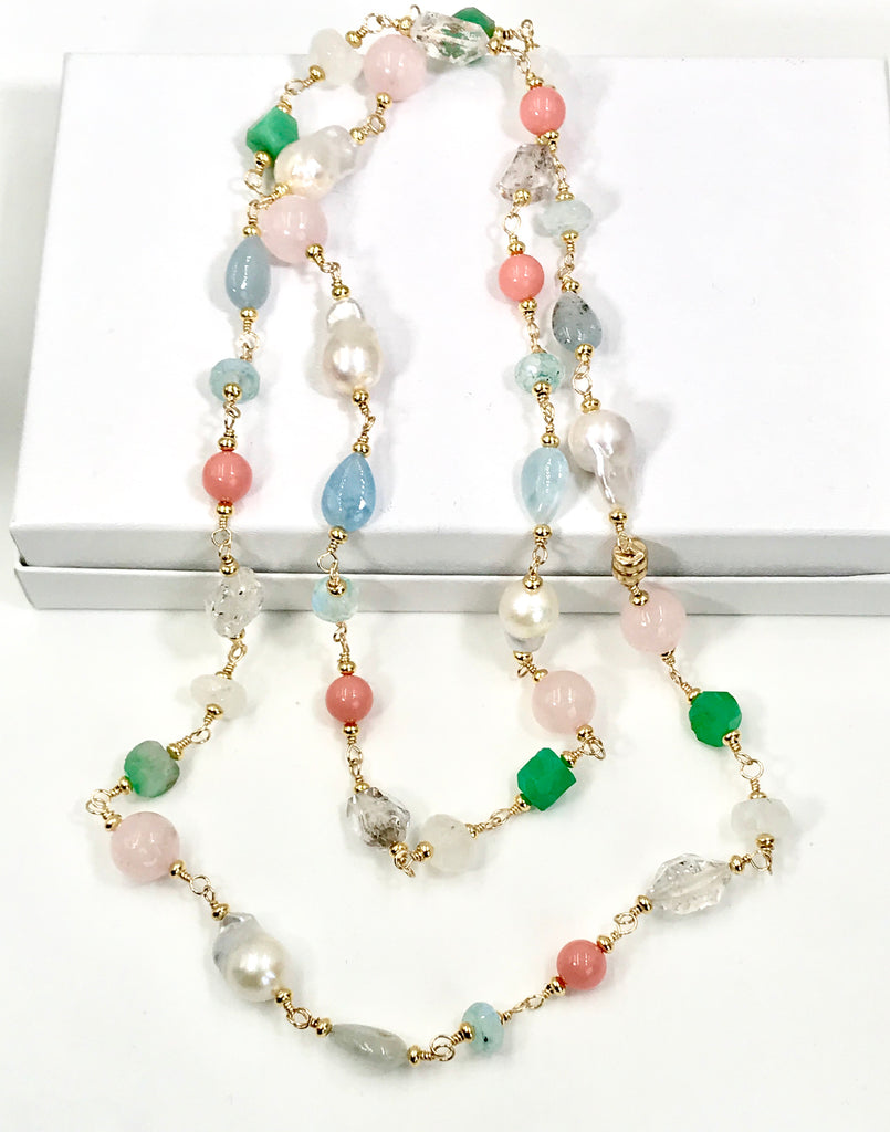 Multi Gemstone Pastel Long Necklace with Herkimer Diamond Aquamarine Gold - doolittlejewelry