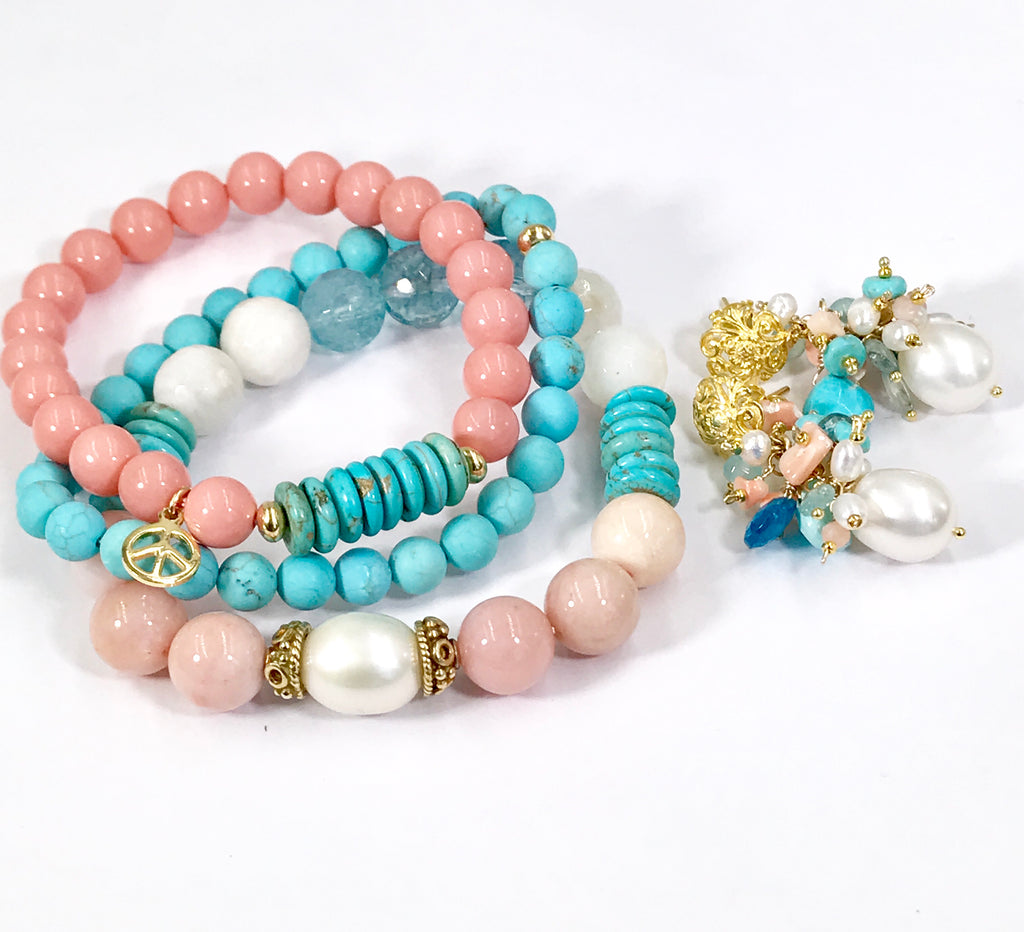 Turquoise Coral Stack Bracelet Set of 3 Boho Style - doolittlejewelry