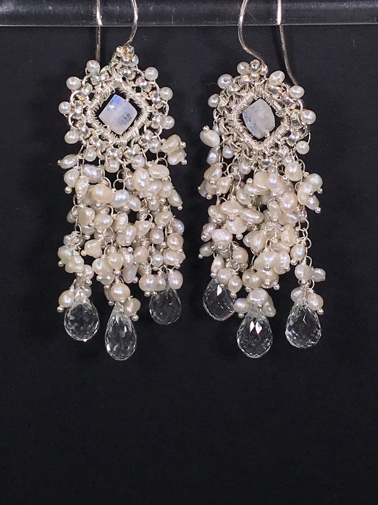 Moonstone and Pearl Chandelier Statement Bridal Wedding Earrings - doolittlejewelry