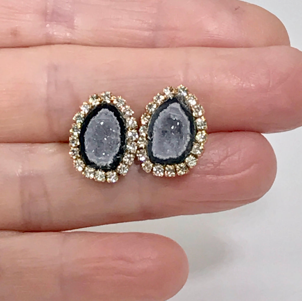 Tabasco Geode Stud Earrings Black & Lavender Grey Druzy Crystals - doolittlejewelry