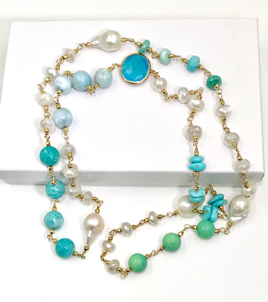 Long Multi Gemstone Pearl Necklace Larimar Sleeping Beauty Turquoise Gold Fill - doolittlejewelry