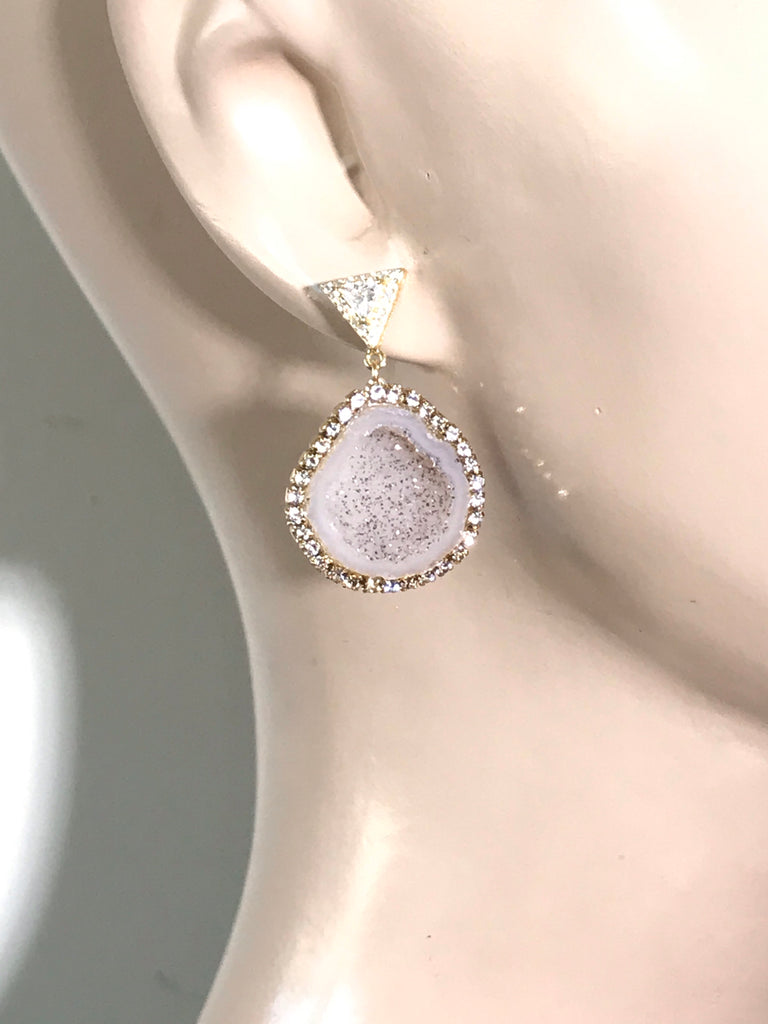 Ivory Tabasco Geode Earrings Diamond Look Swarovski Crystal - doolittlejewelry